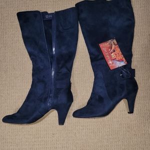 Navy Blue Faux Suede Boots Wide Calf 11